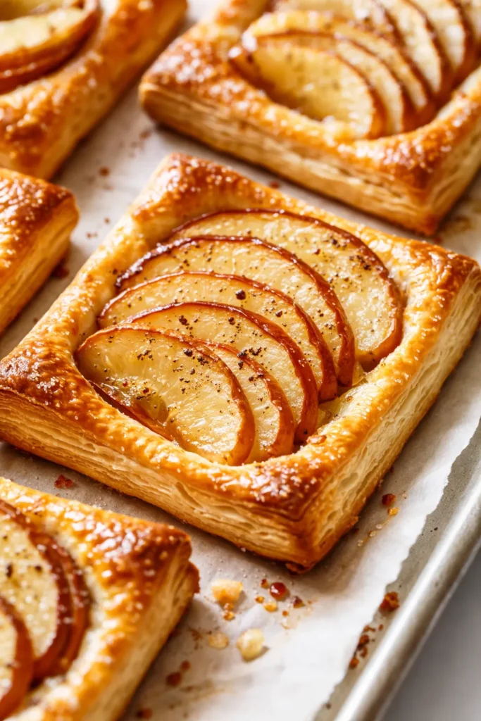 Flaky golden puff pastry apple tarts with caramelized apple slices and a dusting of powdered sugar, looking bakery-fresh.