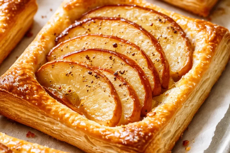 Flaky golden puff pastry apple tarts with caramelized apple slices and a dusting of powdered sugar, looking bakery-fresh.