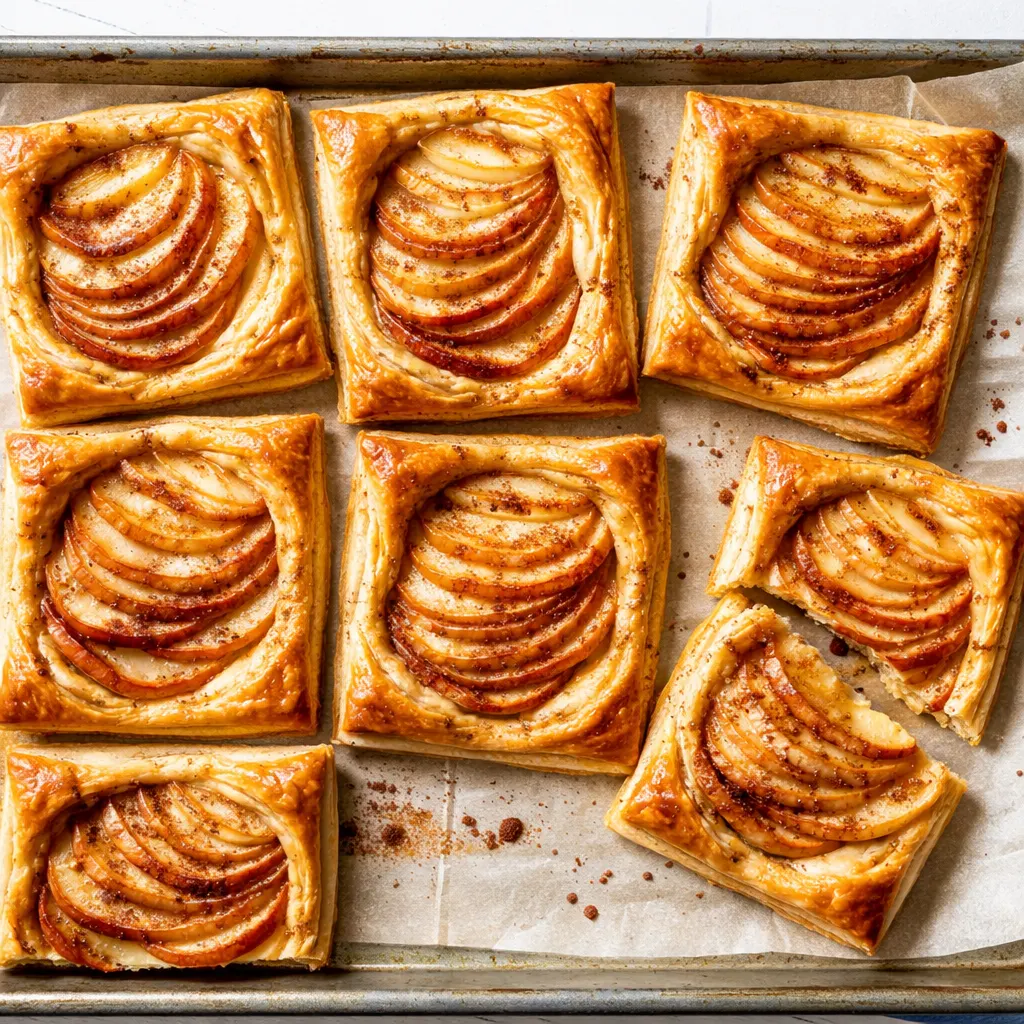 Golden brown puff pastry tarts topped with sliced apples and a glossy glaze, looking bakery-fresh.