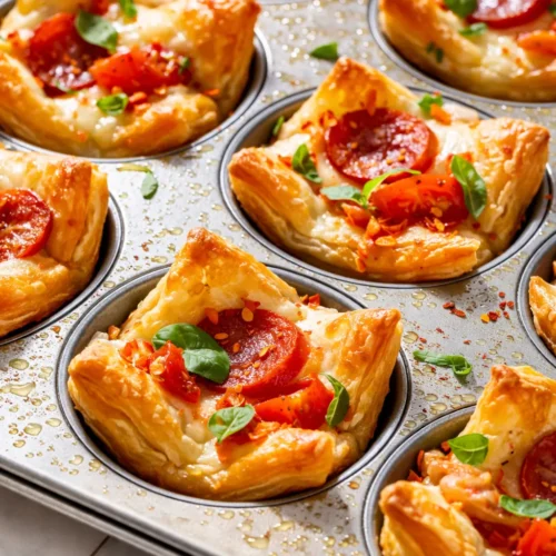Golden, flaky puff pastry pizza bites topped with melted mozzarella, pepperoni, and herbs on a parchment-lined baking sheet.
