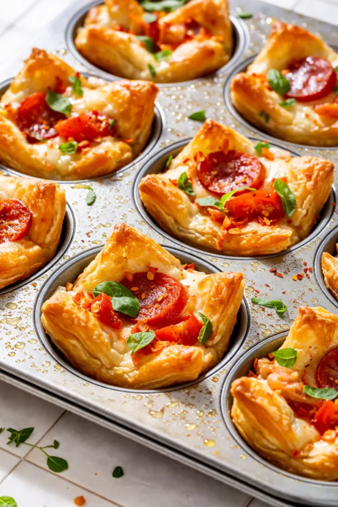 Golden, flaky puff pastry pizza bites topped with melted mozzarella, pepperoni, and herbs on a parchment-lined baking sheet.
