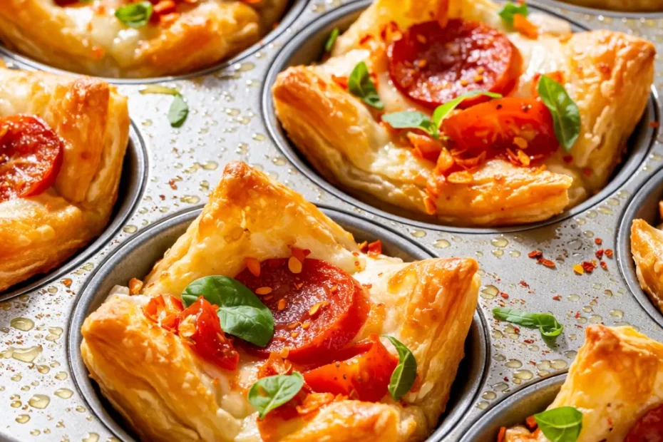 Golden, flaky puff pastry pizza bites topped with melted mozzarella, pepperoni, and herbs on a parchment-lined baking sheet.