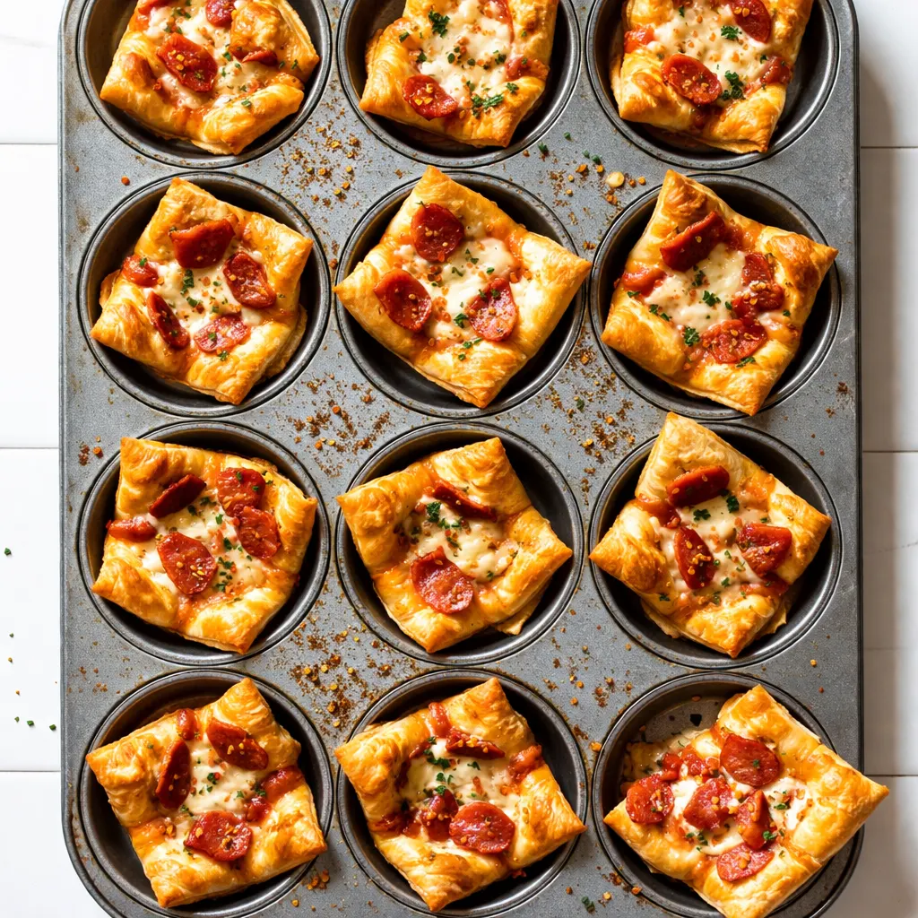 Golden brown puff pastry pizza bites with melted cheese and pepperoni, showing flaky layers on a baking sheet.