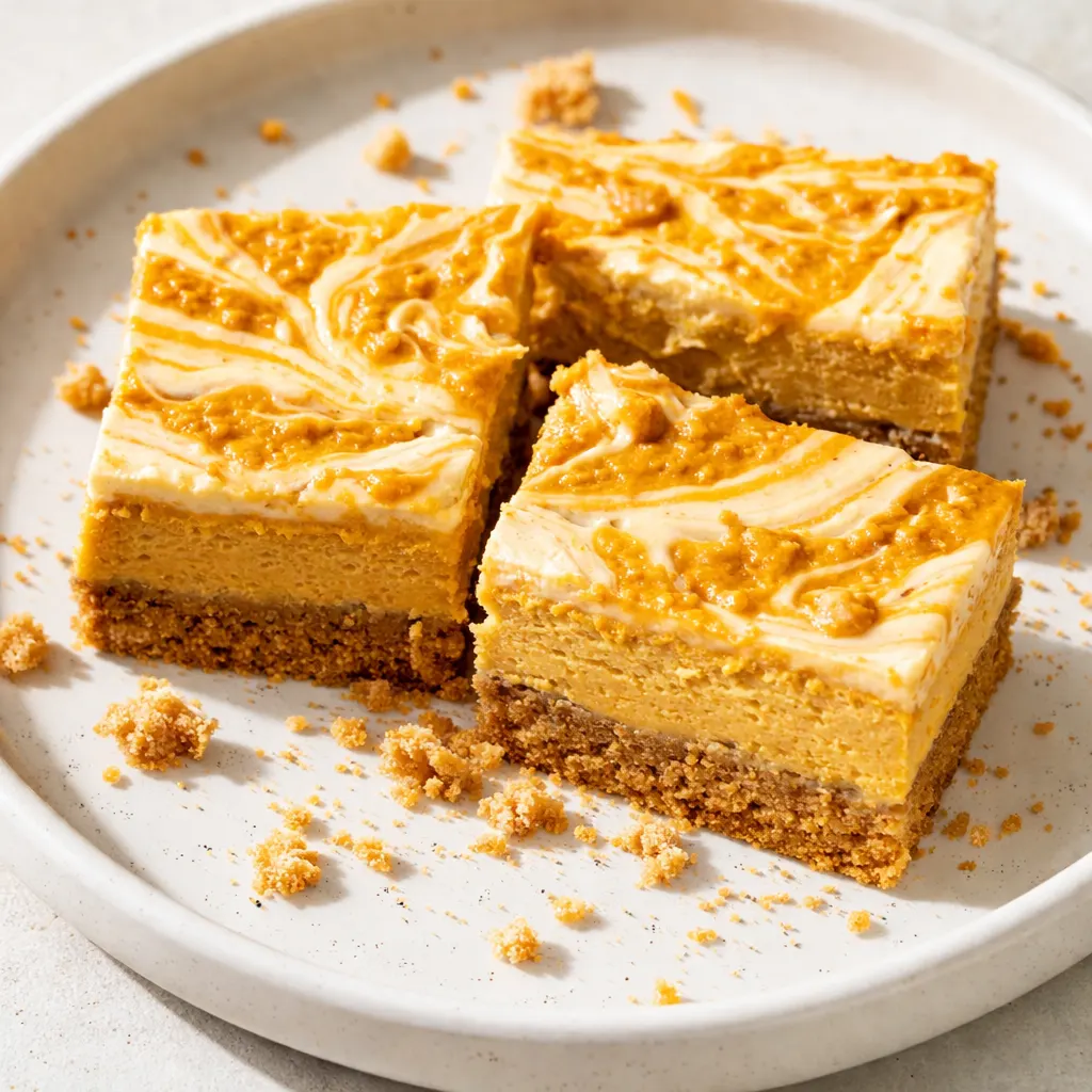 Smooth, creamy orange pumpkin cheesecake filling being poured over a buttery gluten-free graham cracker crust in a baking dish