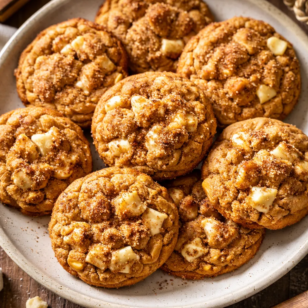 Hands rolling soft pumpkin snickerdoodle dough balls in a bowl of cinnamon-sugar mixture, showing the golden coating and specks of white chocolate