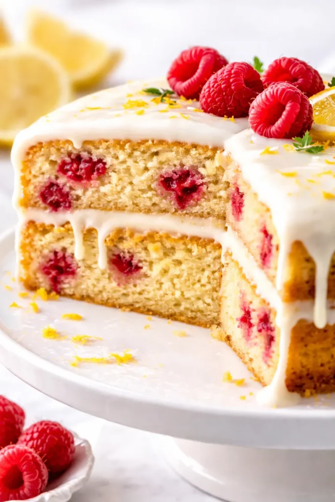 Moist raspberry lemon cake layers with white chocolate frosting, topped with fresh raspberries and lemon zest.