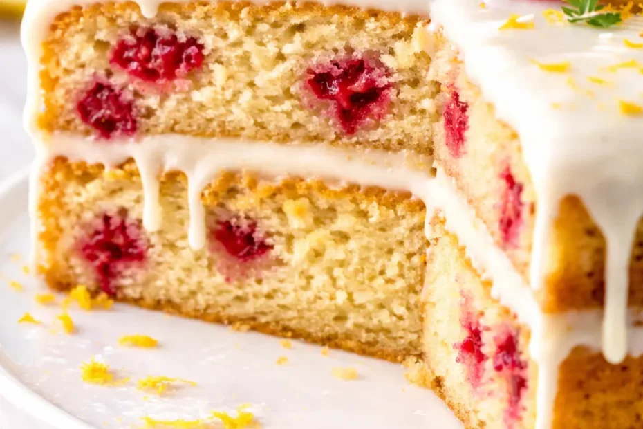Moist raspberry lemon cake layers with white chocolate frosting, topped with fresh raspberries and lemon zest.