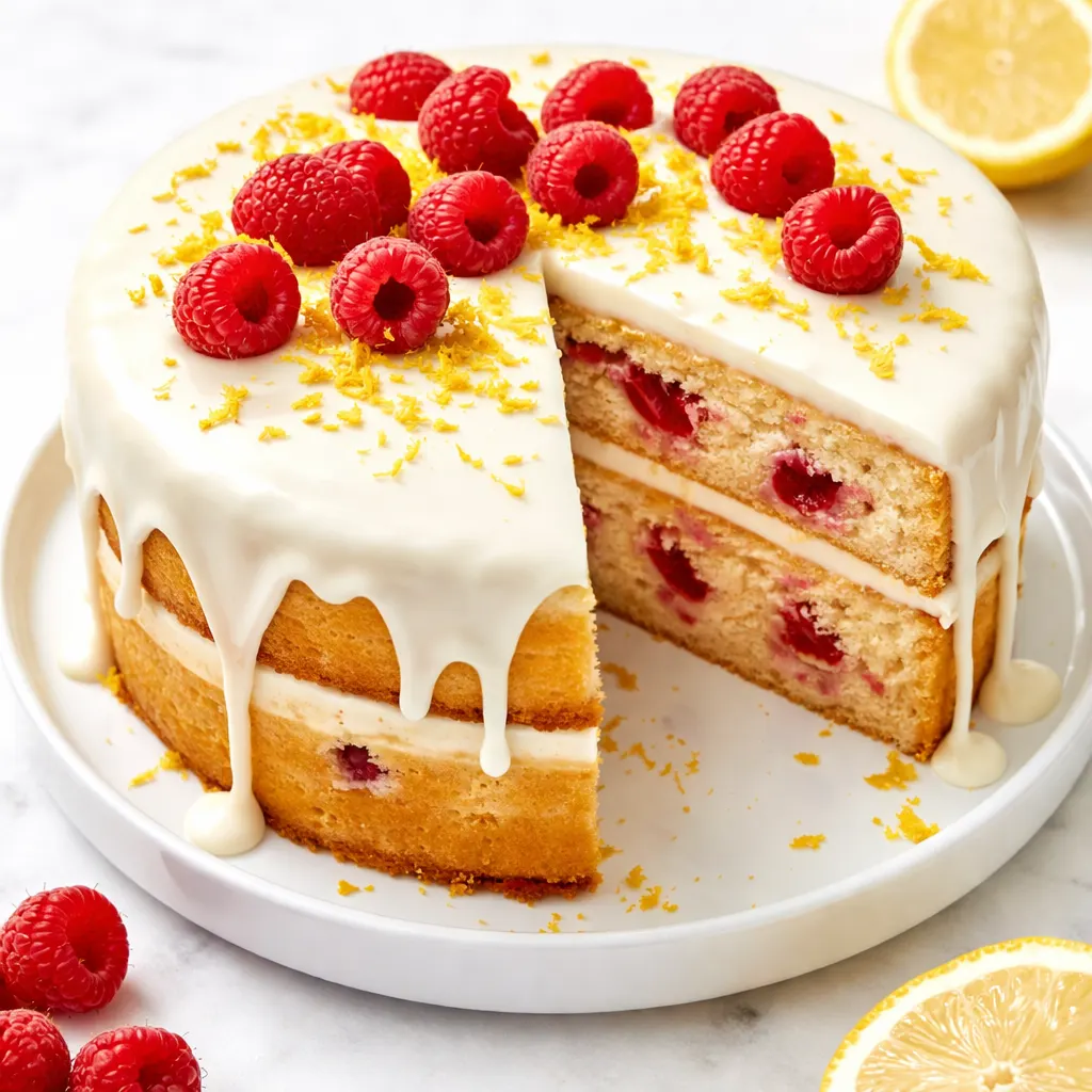 Spreading creamy white chocolate frosting between layers of raspberry lemon cake, with fresh raspberries and lemon zest visible in the filling.