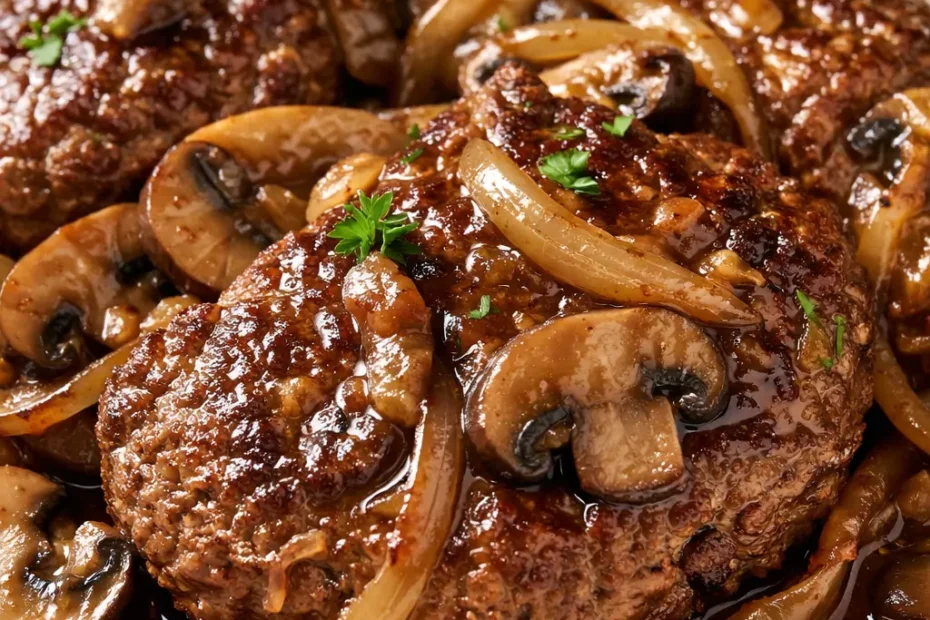 Simple Salisbury Steak patty topped with rich savory gravy and served with mashed potatoes.