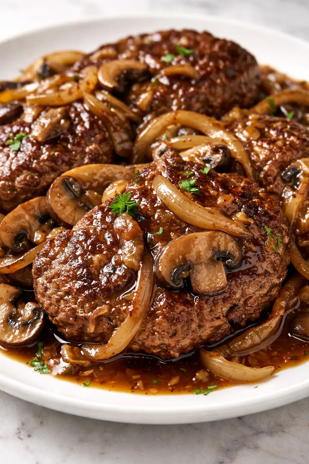 Simple Salisbury Steak patty topped with rich savory gravy and served with mashed potatoes.