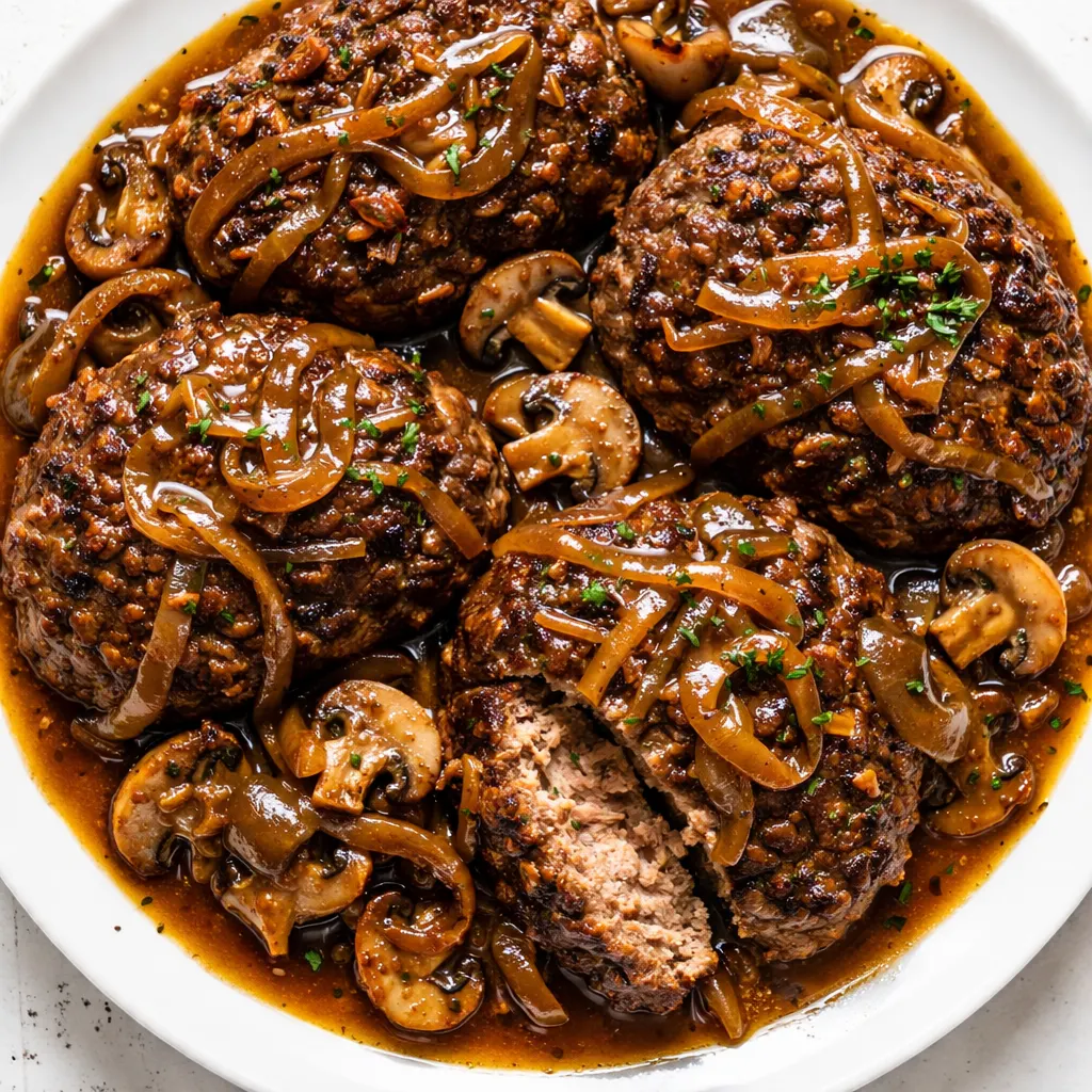 Salisbury steak patties sizzling in a skillet as rich brown gravy bubbles around them, creating a savory aroma.