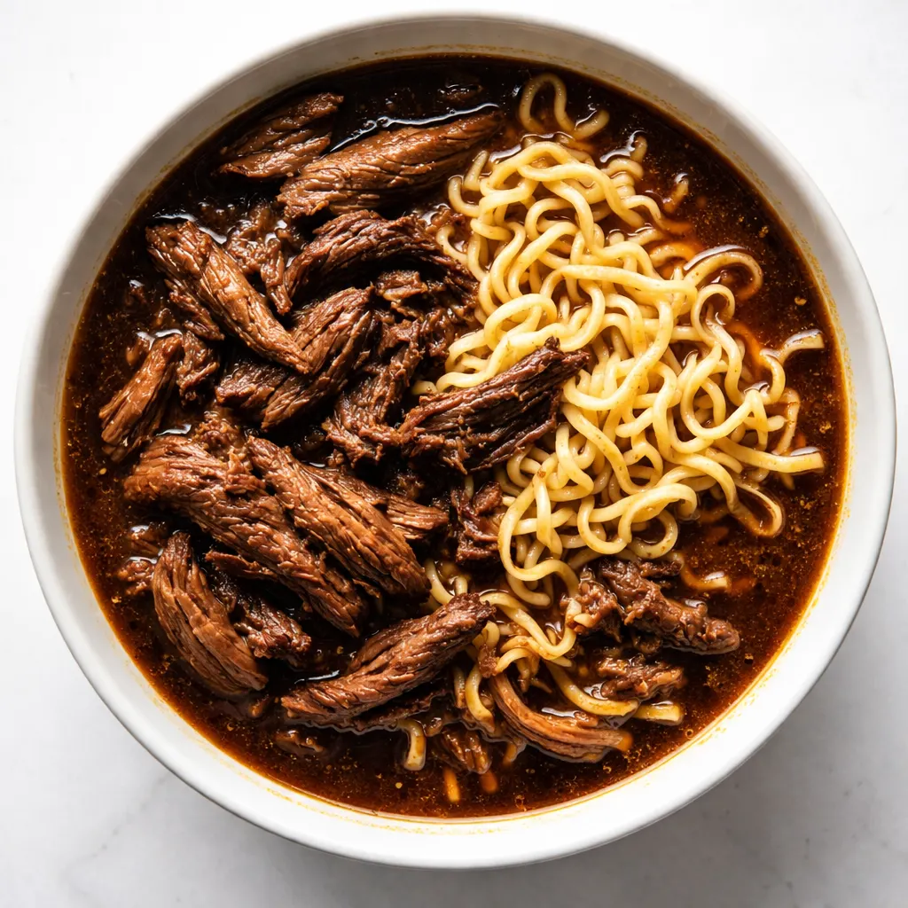 A ladle pours savory broth over tender beef and noodles in a slow cooker, revealing a deep, rich color.