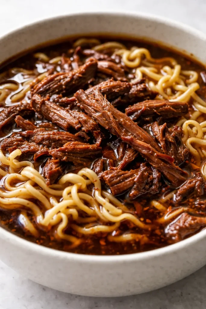 Bowl of deep, rich slow cooker beef ramen with savory broth, tender beef slices, soft-boiled egg, green onions, and sesame seeds.