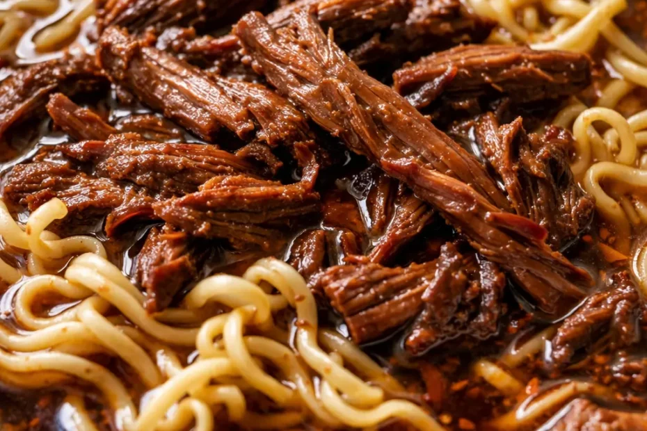 Bowl of deep, rich slow cooker beef ramen with savory broth, tender beef slices, soft-boiled egg, green onions, and sesame seeds.