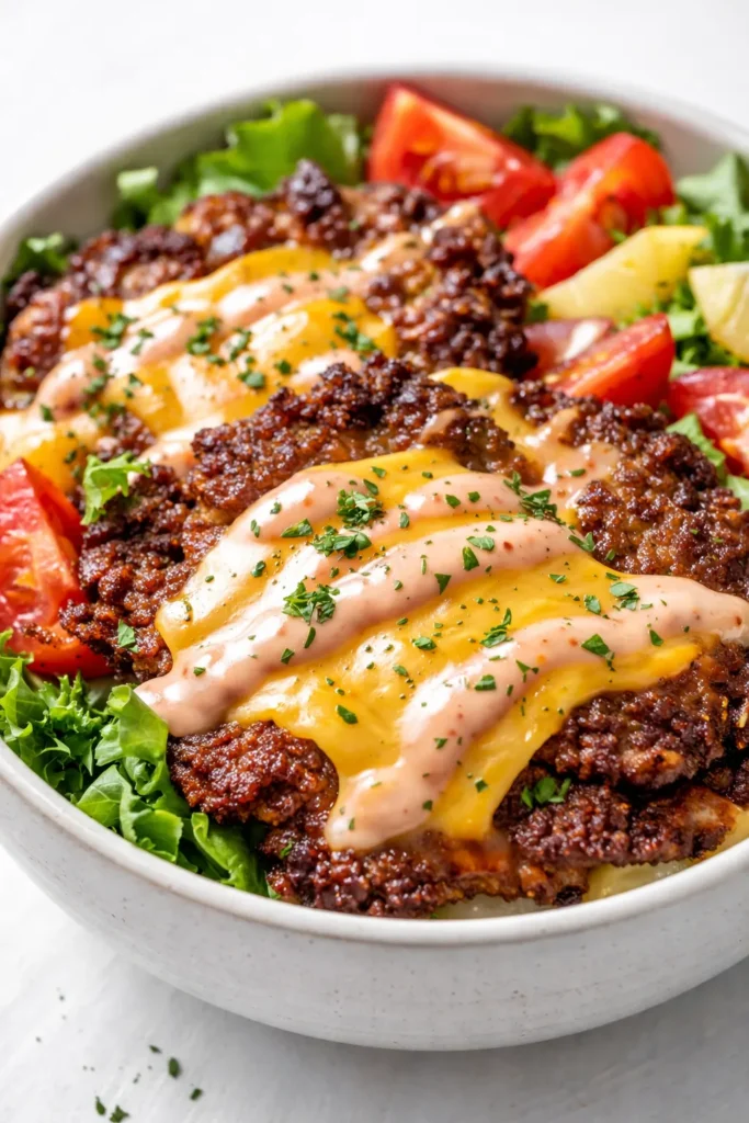 Smash burger bowl with crispy crust patties, melted cheddar, fresh lettuce, and tomato over fries, drizzled with special sauce.
