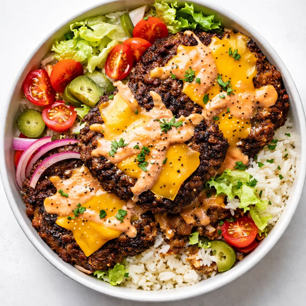 Thin beef patty with crispy browned edges being smashed in a hot skillet, showcasing the sizzling texture for a smash burger bowl.