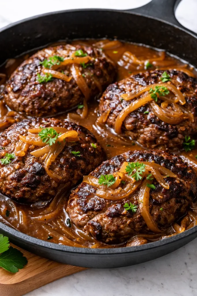 Smothered hamburger steaks with rich brown gravy, topped with caramelized onions, served over creamy mashed potatoes.