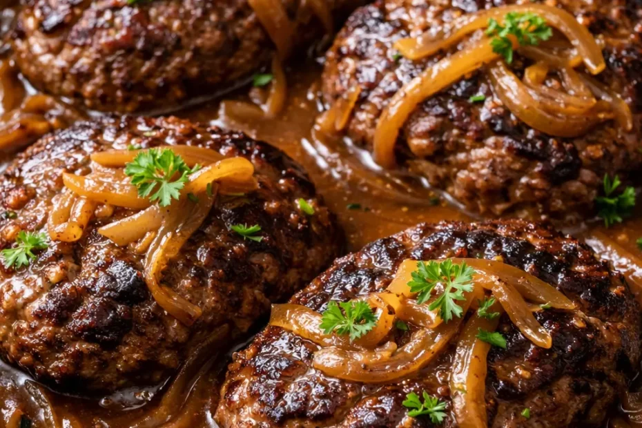 Smothered hamburger steaks with rich brown gravy, topped with caramelized onions, served over creamy mashed potatoes.