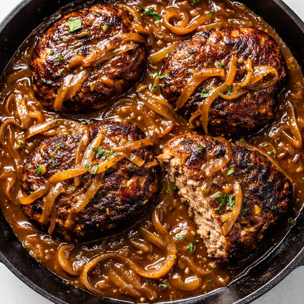 Smothered hamburger steaks covered in rich brown gravy and caramelized onions, served with mashed potatoes.
