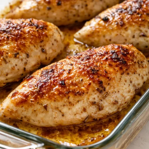 Juicy sour cream and onion chicken with a golden brown crust, topped with caramelized onions and fresh green herbs.