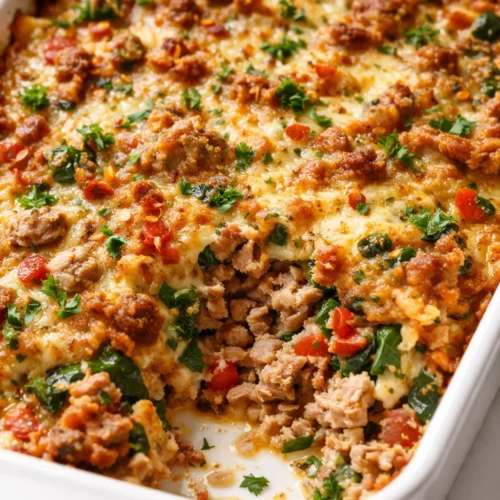Golden brown Southwestern ground turkey casserole with melted cheese, black beans, and corn, juicy and hearty.