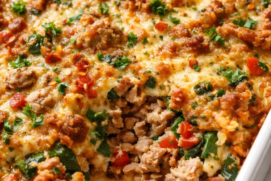 Golden brown Southwestern ground turkey casserole with melted cheese, black beans, and corn, juicy and hearty.