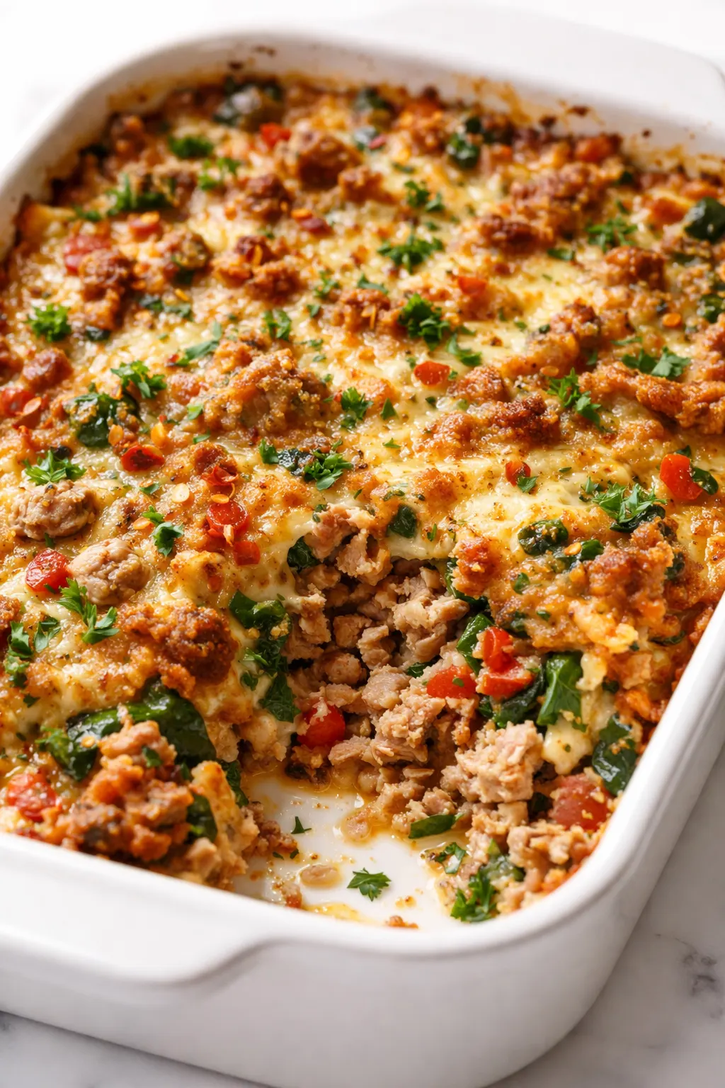 Golden brown Southwestern ground turkey casserole with melted cheese, black beans, and corn, juicy and hearty.