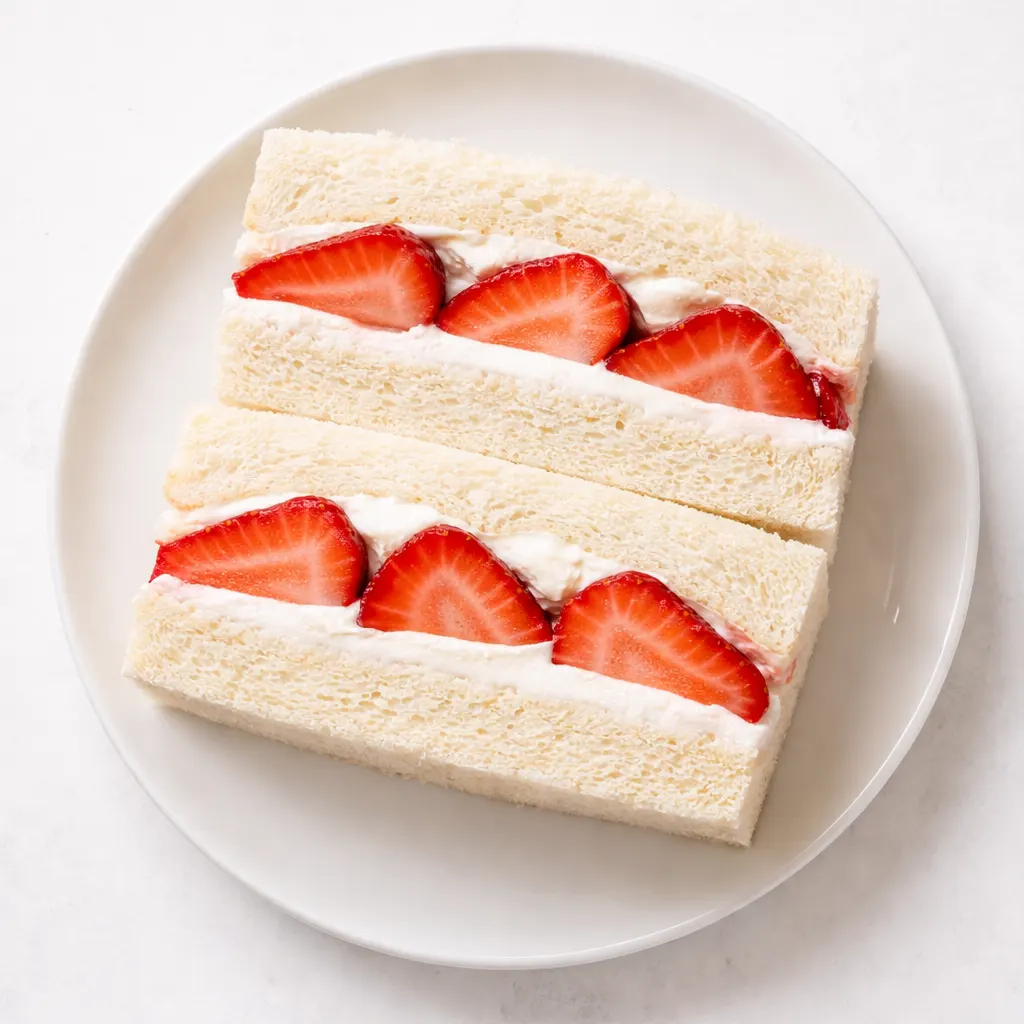 Spreading fluffy strawberry cream filling on soft white bread for tea party sandwiches, with fresh strawberry slices visible.