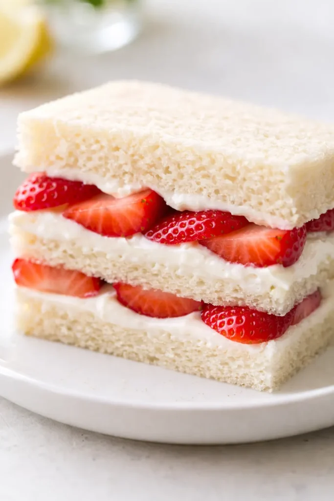 Fluffy strawberry cream tea party sandwiches on a platter with fresh strawberries and mint, delicate pink filling.