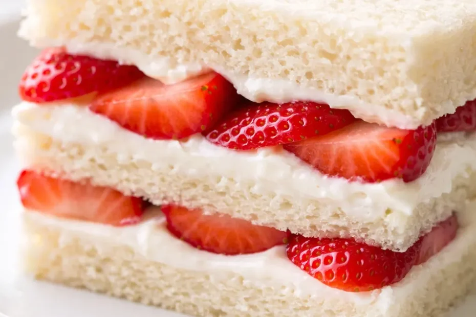 Fluffy strawberry cream tea party sandwiches on a platter with fresh strawberries and mint, delicate pink filling.