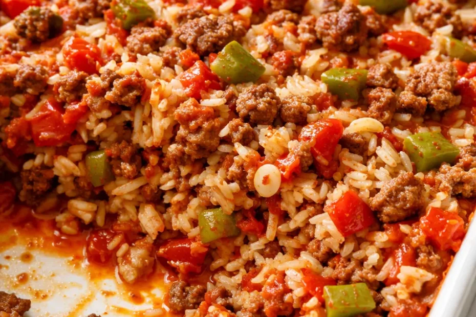 Golden baked stuffed pepper casserole with ground beef, rice, tomato sauce, and melted cheese, garnished with fresh parsley.