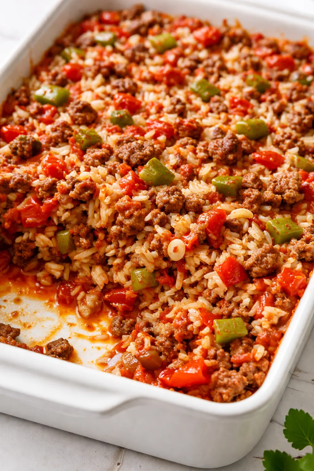 Golden baked stuffed pepper casserole with ground beef, rice, tomato sauce, and melted cheese, garnished with fresh parsley.