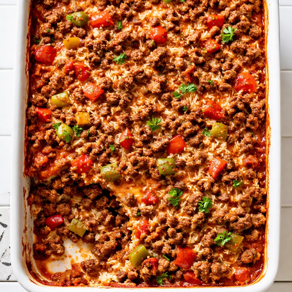 Ground beef browning with diced onions and green bell peppers in a skillet, preparing the savory filling for stuffed pepper casserole.