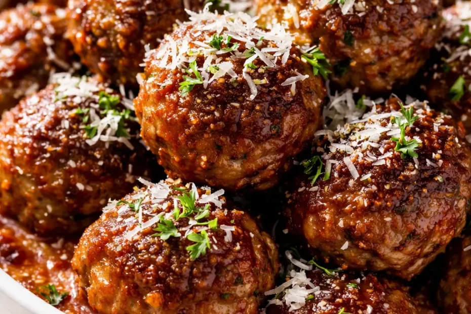 Rich, herby Sunday gravy meatballs in a deep red tomato sauce, garnished with fresh basil and parsley, golden brown and tender.