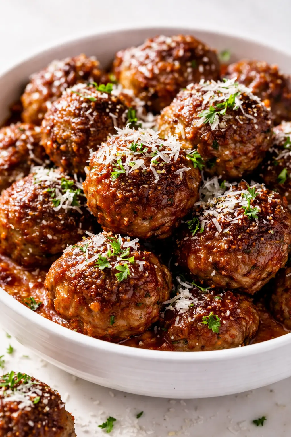 Rich, herby Sunday gravy meatballs in a deep red tomato sauce, garnished with fresh basil and parsley, golden brown and tender.