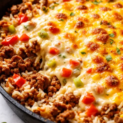 A bowl of taco rice topped with creamy queso, seasoned ground beef, and fresh tomato-cilantro garnish with melted cheese drizzle.