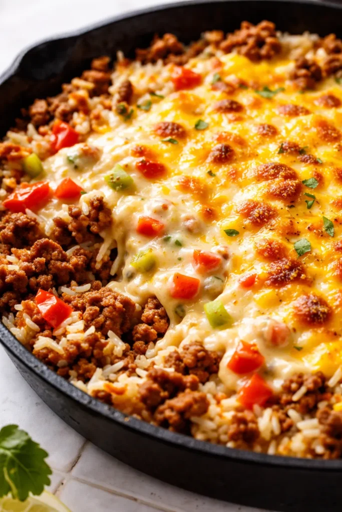 A bowl of taco rice topped with creamy queso, seasoned ground beef, and fresh tomato-cilantro garnish with melted cheese drizzle.