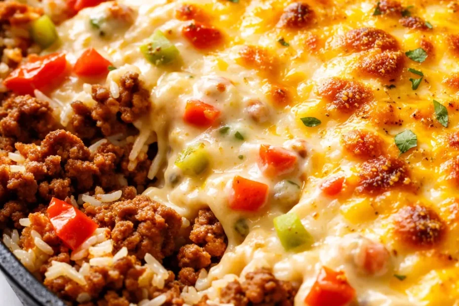 A bowl of taco rice topped with creamy queso, seasoned ground beef, and fresh tomato-cilantro garnish with melted cheese drizzle.