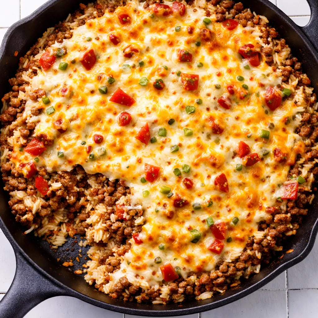 Ground beef and rice simmering in a skillet with salsa, topped with melted queso for taco rice.