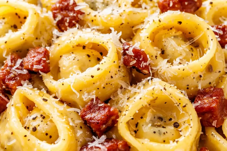 Rich and creamy tortellini carbonara with crispy pancetta and Parmesan, served in a white bowl with a fork