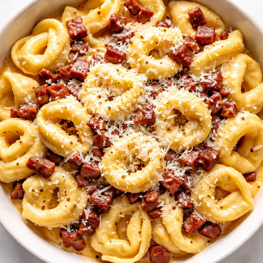 Creamy tortellini carbonara with crispy bacon and Parmesan being stirred in a skillet, glossy sauce coating the pasta.