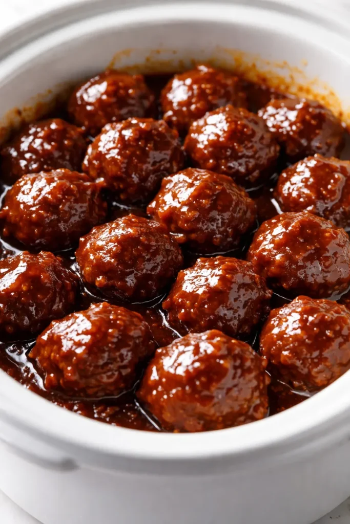 A platter of tropical BBQ meatballs glazed with sticky-sweet sauce, garnished with pineapple chunks and green onions, with a glossy, caramelized sheen.