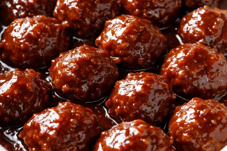 A platter of tropical BBQ meatballs glazed with sticky-sweet sauce, garnished with pineapple chunks and green onions, with a glossy, caramelized sheen.
