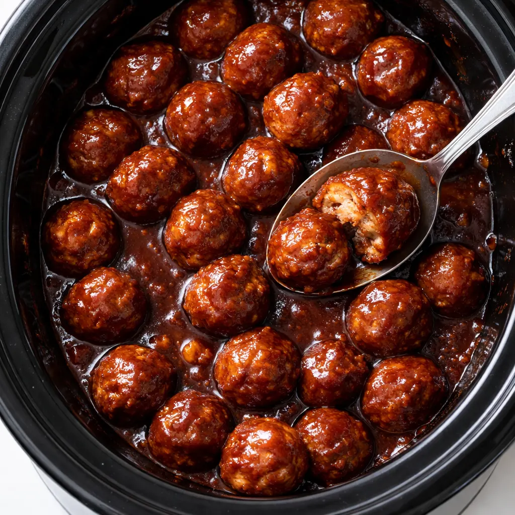 Sticky-sweet tropical BBQ meatballs simmering in a slow cooker with glossy pineapple sauce, coated in rich caramelized glaze.