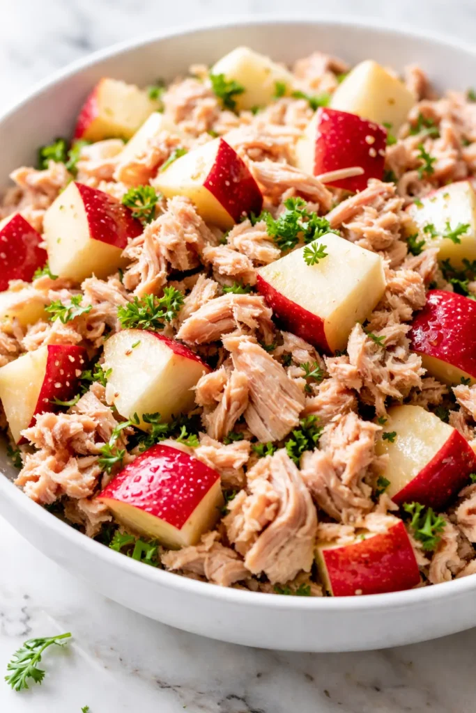 Matthew McConaughey's tuna apple salad with crisp apple chunks, flaked tuna, and creamy dressing on a plate, garnished with fresh herbs.