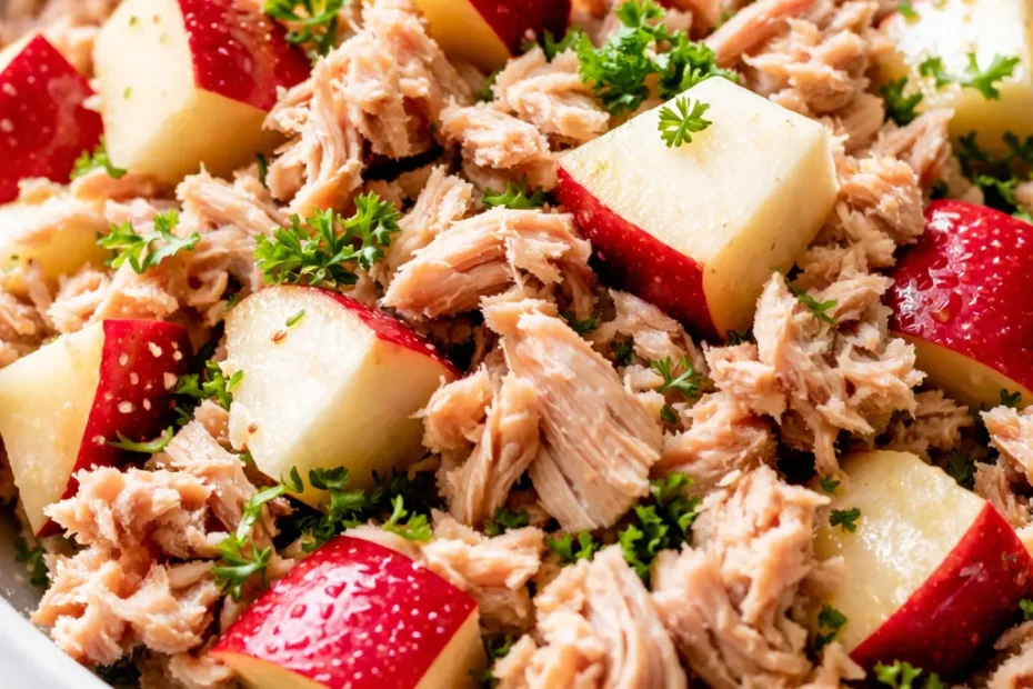 Matthew McConaughey's tuna apple salad with crisp apple chunks, flaked tuna, and creamy dressing on a plate, garnished with fresh herbs.