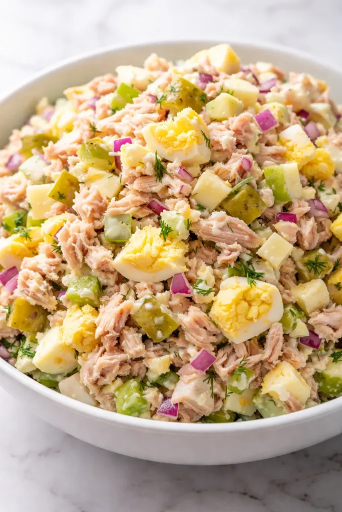 Creamy tuna egg salad with crunchy pickle bits and egg chunks, served in a bowl.