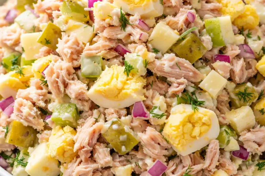 Creamy tuna egg salad with crunchy pickle bits and egg chunks, served in a bowl.