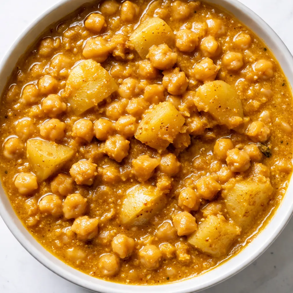 Golden chickpea and potato curry in a bowl, creamy coconut sauce with warm spices, garnished with fresh cilantro.