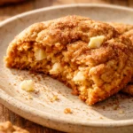 Soft pillowy pumpkin snickerdoodles with white chocolate chips, coated in cinnamon sugar, on a rustic plate showing golden edges